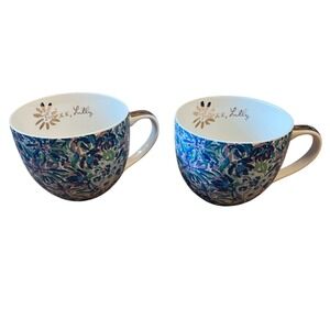 Lilly Pulitzer Coffee Mug Set 2 Piece Blue Purple Floral Gold Handle Ceramic